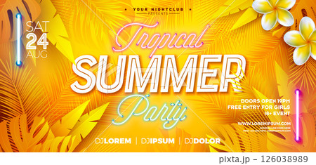 Summer Sale Design with Flower and Glowing Neon Light on Sun Yellow Tropic Leaves Background. Tropical Floral Vector Illustration with Special Offer Typography for Coupon, Voucher, Banner, Flyer 126038989