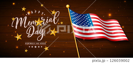 Memorial Day of the USA Banner Illustration with American Flag, Gold Star and Typography Lettering on Vintage, Wood Background. Vector National Patriotic Celebration Design for Postcard, Flyer 126039002