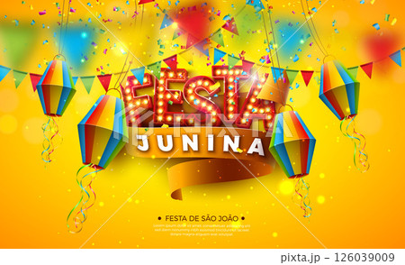 Festa Junina Illustration with Party Flags, Confetti and Arraia Light Bulb Billboard Letter on Yellow Background. Vector Brazil Sao Joao June Festival Design for Greeting Card, Banner or Holiday 126039009