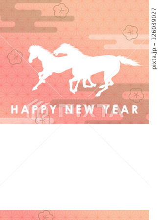 馬のシルエットと和柄背景の午年年賀状テンプレート 祝詞無し 馬のシルエットと和柄背景の午年年賀状テンプレート 祝詞無し 126039027