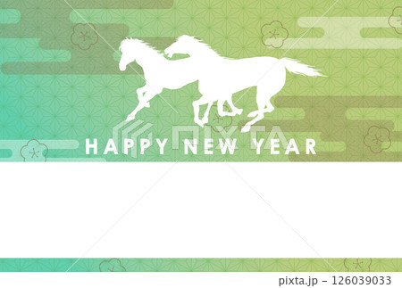 馬のシルエットと和柄背景の午年年賀状テンプレート 祝詞無し 緑背景 馬のシルエットと和柄背景の午年年賀状テンプレート 祝詞無し 緑背景 126039033
