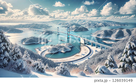 しまなみ海道と瀬戸大橋　雪景色 126039149
