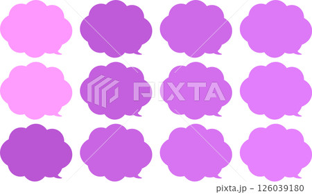 ピンクのバリエーションにとんだカラフルなふきだしセット。もこもこした雲の形。吹き出しの先端は右下 126039180