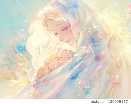 子供と女性を優しく包む守護の女神｜柔らかな水彩タッチと光のヴェールが織りなす神秘的アート 126039187