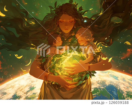 「大地から現れし自然の母神 ― 子供と赤ん坊を優しく抱く緑の女神の感動的な姿 「大地から現れし自然の母神 ― 子供と赤ん坊を優しく抱く緑の女神の感動的な姿 126039188