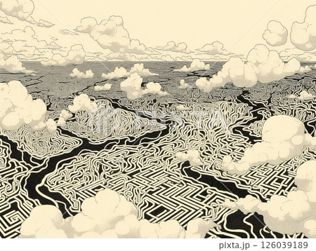 ミニマルな線画で描かれた迷路のように広がる川の流れ―哲学と思想が交錯する抽象アート 126039189