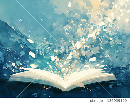 感動的な水彩アート｜開いた本からあふれる言葉が水滴となり川へと溶け込む幻想的な瞬間 126039190