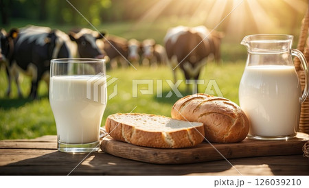 Fresh rustic cow's milk in a jug and white fragrant bread and pastries on a table against the background of a meadow where cows graze. AI generated 126039210