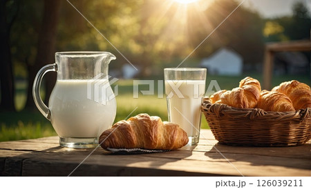 Fresh rustic cow's milk in a jug and white fragrant bread and pastries on a table against the background of a meadow where cows graze. AI generated 126039211