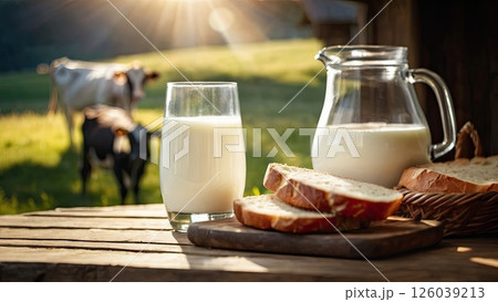Fresh rustic cow's milk in a jug and white fragrant bread and pastries on a table against the background of a meadow where cows graze. AI generated 126039213