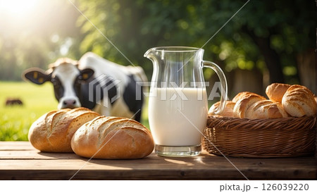 Fresh rustic cow's milk in a jug and white fragrant bread and pastries on a table against the background of a meadow where cows graze. AI generated 126039220