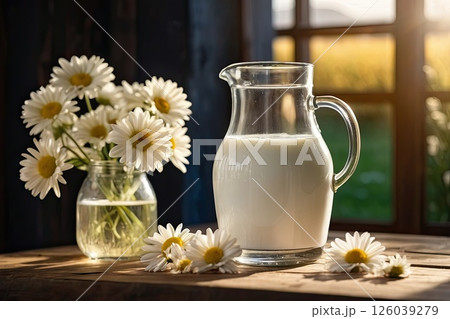 Fresh rustic cow's milk in a jug on a table against the background of a meadow where cows graze. AI generated 126039279