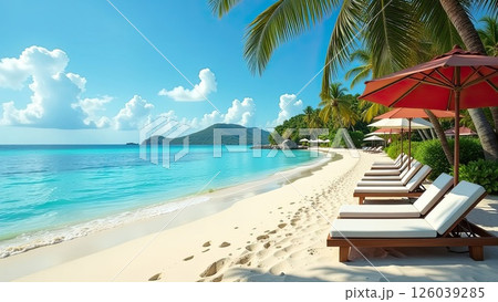 Panorama of a tropical paradise beach with palm trees and white sand on the ocean shore. trip to the sea in a warm summer climate, a vacation tour. AI generated Panorama of a tropical paradise beach with palm trees and white sand on the ocean shore. trip to the sea in a warm summer climate, a vacation tour. AI generated 126039285