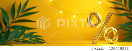 Glowing gold percentage sign on yellow background with palm trees and tropical plants. Hot summer sale and discounts, burning tour banner, flyer. AI generated 126039288