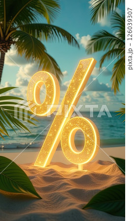 Glowing gold percentage sign on seashore with tropical palm trees in light of sun, tourist sea background. Hot summer sale and discounts, burning tour banner, flyer. AI generated 126039307