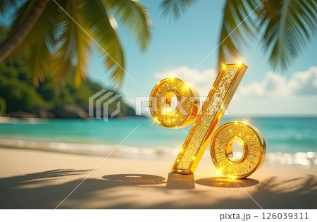 Glowing gold percentage sign on seashore with tropical palm trees in light of sun, tourist sea background. Hot summer sale and discounts, burning tour banner, flyer. AI generated 126039311