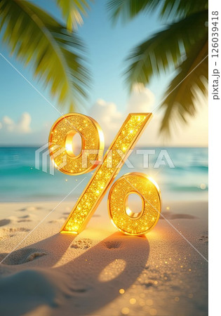 Glowing gold percentage sign on seashore with tropical palm trees in light of sun, tourist sea background. Hot summer sale and discounts, burning tour banner, flyer. AI generated 126039418
