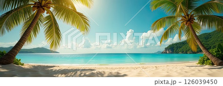 Panorama of a tropical paradise beach with palm trees and white sand on the ocean shore. trip to the sea in a warm summer climate, a vacation tour. AI generated 126039450