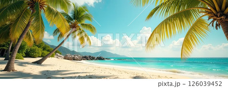Panorama of a tropical paradise beach with palm trees and white sand on the ocean shore. trip to the sea in a warm summer climate, a vacation tour. AI generated 126039452
