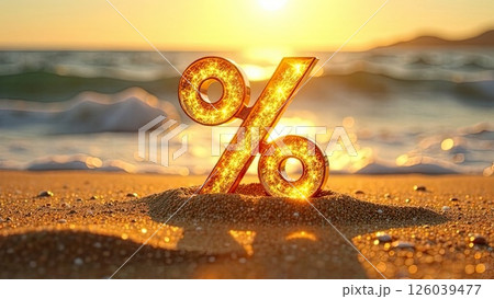 Glowing gold percentage sign on seashore On sand at sunset, tourist sea background. Hot summer sale and discounts, burning tour banner, flyer. AI generated 126039477