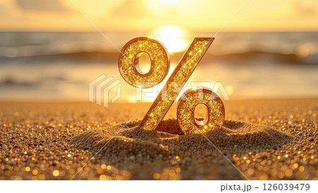 Glowing gold percentage sign on seashore On sand at sunset, tourist sea background. Hot summer sale and discounts, burning tour banner, flyer. AI generated 126039479