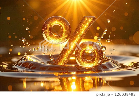 Glowing gold percentage sign in a refreshing splash of water over the water. Hot summer sale and discounts, burning tour banner, flyer. AI generated Glowing gold percentage sign in a refreshing splash of water over the water. Hot summer sale and discounts, burning tour banner, flyer. AI generated 126039495