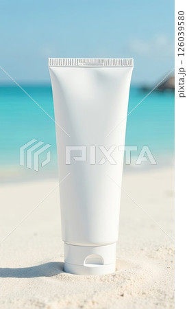 White tube mock up of sunscreen on the white sand of the beach against the background of the blue ocean. UV protection of the skin, sunscreen. AI generated 126039580