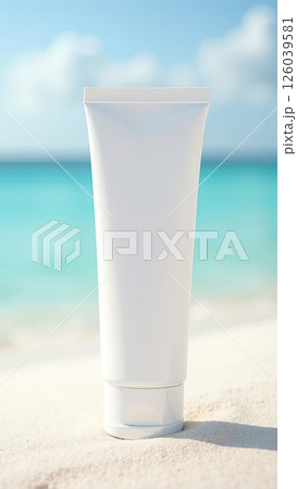 White tube mock up of sunscreen on the white sand of the beach against the background of the blue ocean. UV protection of the skin, sunscreen. AI generated 126039581