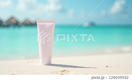 White tube mock up of sunscreen on the white sand of the beach against the background of the blue ocean. UV protection of the skin, sunscreen. AI generated 126039582