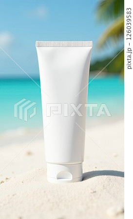 White tube mock up of sunscreen on the white sand of the beach against the background of the blue ocean. UV protection of the skin, sunscreen. AI generated 126039583