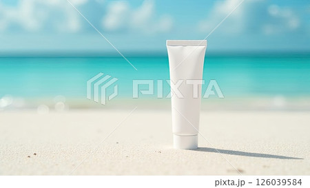 White tube mock up of sunscreen on the white sand of the beach against the background of the blue ocean. UV protection of the skin, sunscreen. AI generated 126039584