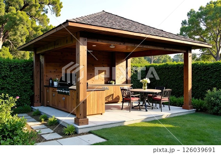 Gazebo with barbecue area in the courtyard of the house with barbecue, stove, table, roof. AI generated 126039691