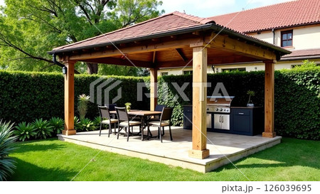 Gazebo with barbecue area in the courtyard of the house with barbecue, stove, table, roof. AI generated Gazebo with barbecue area in the courtyard of the house with barbecue, stove, table, roof. AI generated 126039695