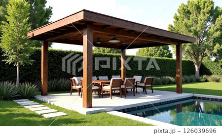 Gazebo with barbecue area in the courtyard of the house with barbecue, stove, table, roof. AI generated Gazebo with barbecue area in the courtyard of the house with barbecue, stove, table, roof. AI generated 126039696