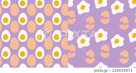 Raw Half boiled egg and Fried egg with Eggshell Seamless Pattern on Lavender Backdrop Food Fond Set Raw Half boiled egg and Fried egg with Eggshell Seamless Pattern on Lavender Backdrop Food Fond Set 126039971