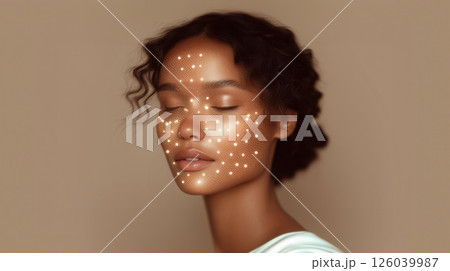 Beautiful young woman with glowing skin and AI facial mapping points. Advanced beauty technology, skincare innovation, facial recognition, smart cosmetics, digital aesthetic enhancement. 126039987