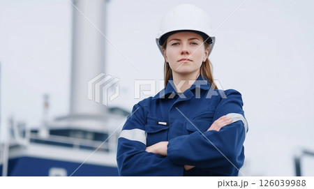 Confident female engineer in blue uniform and white helmet standing on a ship, symbolizing empowerment, breaking stereotypes, professional success, feminine strength in traditionally male professions. 126039988