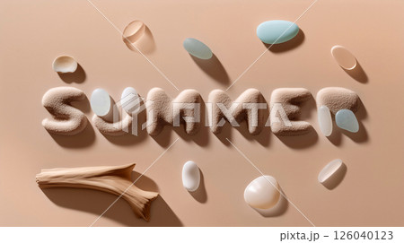 Creative summer flat lay with sand-textured letters and natural beach elements on beige background. Ideal for seasonal, vacation, travel, and marine-themed designs and content. 126040123