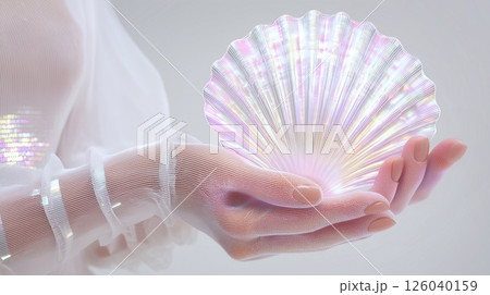 Futuristic hands holding iridescent seashell symbolizing skincare, manicure beauty, artificial skin development, and sci-fi aesthetics in regenerative biotechnology and pearl-inspired design. 126040159
