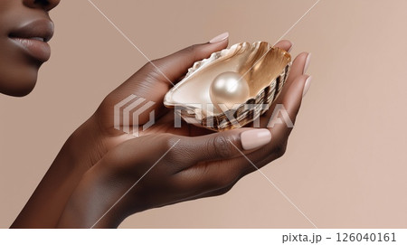 Dark-skinned woman's hands holding a golden shell with a pearl. Elegant beauty, luxury skincare and natural wellness concept on nude background. Ideal for premium beauty branding. 126040161