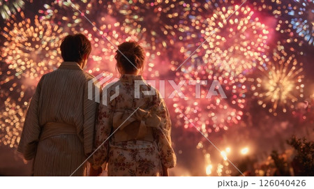 手をつなぎながら花火を見つめる若い恋人たち 手をつなぎながら花火を見つめる若い恋人たち 126040426
