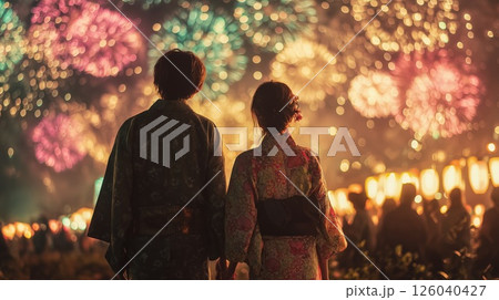 浴衣で並ぶ二人の後ろ姿と夜空を彩る大輪の花火 浴衣で並ぶ二人の後ろ姿と夜空を彩る大輪の花火 126040427