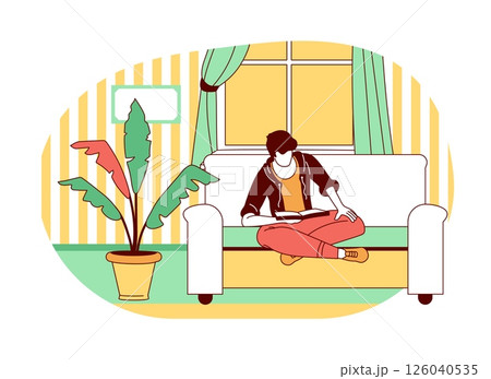 People read books. Man sitting at sofa. Literatures studying. Comfortable living room. Reader in cozy home interior. Recreation or education. Guy enjoying of novel. Textbook learning vector concept 126040535