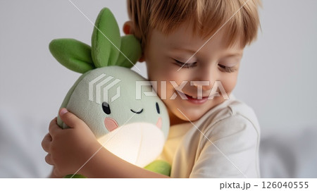 Happy child hugs soft green toy shaped like a plant, glowing with solar light. Concept of sustainability, comfort, safety, clean energy, and eco awareness through playful design. 126040555