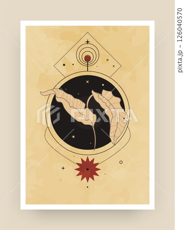 Boho poster. Leaves and magic space figures. Astrology star and planets, notebook cover, poster or geometric background design. Tarot mystery card. Magic abstract bohemian graphic. Vector illustration 126040570