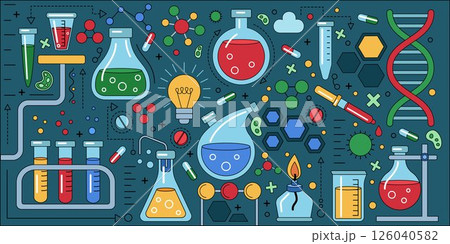 Laboratory background. Science chemistry lab. Biology tools. Chemical equipment. Glass beaker with burner. School education pattern. Scientific experiment. DNA analysis. Vector pharmacy tidy banner Laboratory background. Science chemistry lab. Biology tools. Chemical equipment. Glass beaker with burner. School education pattern. Scientific experiment. DNA analysis. Vector pharmacy tidy banner 126040582