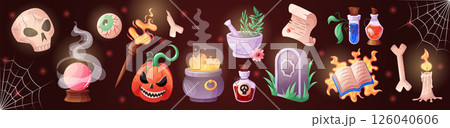 Halloween icon set. Magic witch cartoon isolated objects. Game elements, wizard tale book. Stick of fairy, pot, skull, cauldron with potion. Alchemy bottle. Vector garish sticker witchcraft collection Halloween icon set. Magic witch cartoon isolated objects. Game elements, wizard tale book. Stick of fairy, pot, skull, cauldron with potion. Alchemy bottle. Vector garish sticker witchcraft collection 126040606