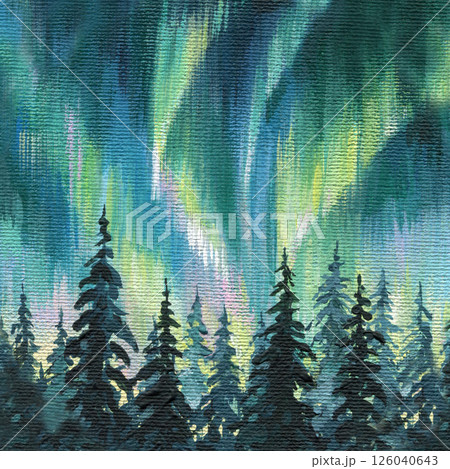 Aurora Borealis over Forest Night Landscape Painting, Northern Lights Sky, Textured Acrylic Impasto Artwork Winter Decor 126040643
