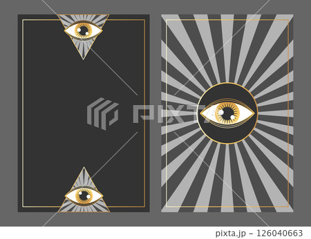 Tarot card templates with golden magical eye. Tarot frames decorated with All seeing eye. Front and reverse side. Vector illustration 126040663