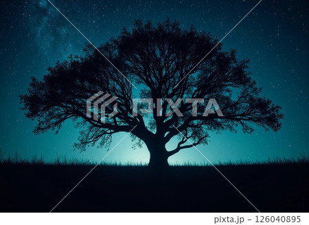 Majestic Silhouette of an Ancient Tree Under a Starlit Night Sky. Generative AI 126040895